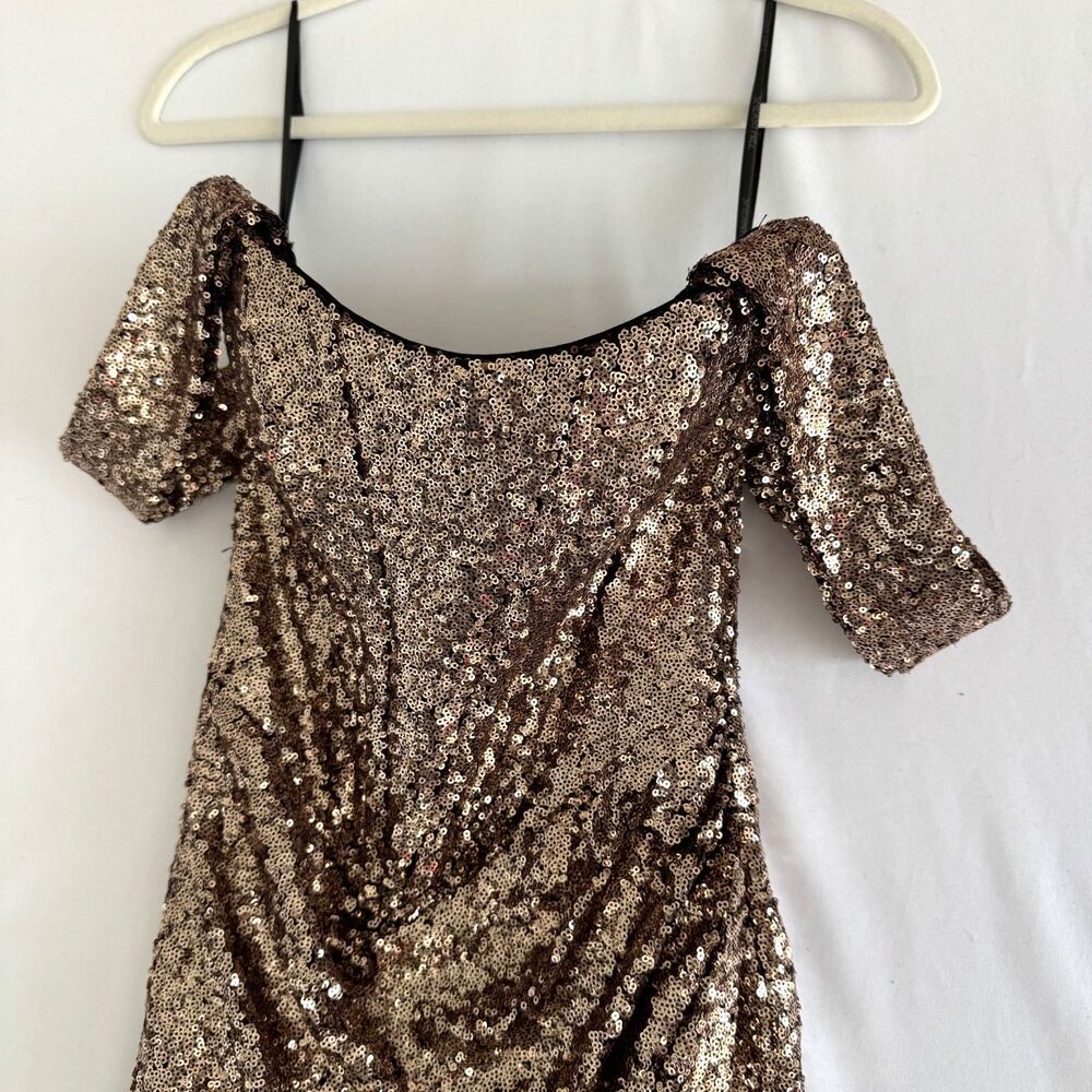 10312 Size 8 Sherri Hill sequin corset off shoulder mermaid gown slit gold black - Picture 4 of 7